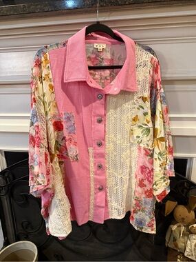 POL Pink Floral Patchwork Button-Down Women's Top